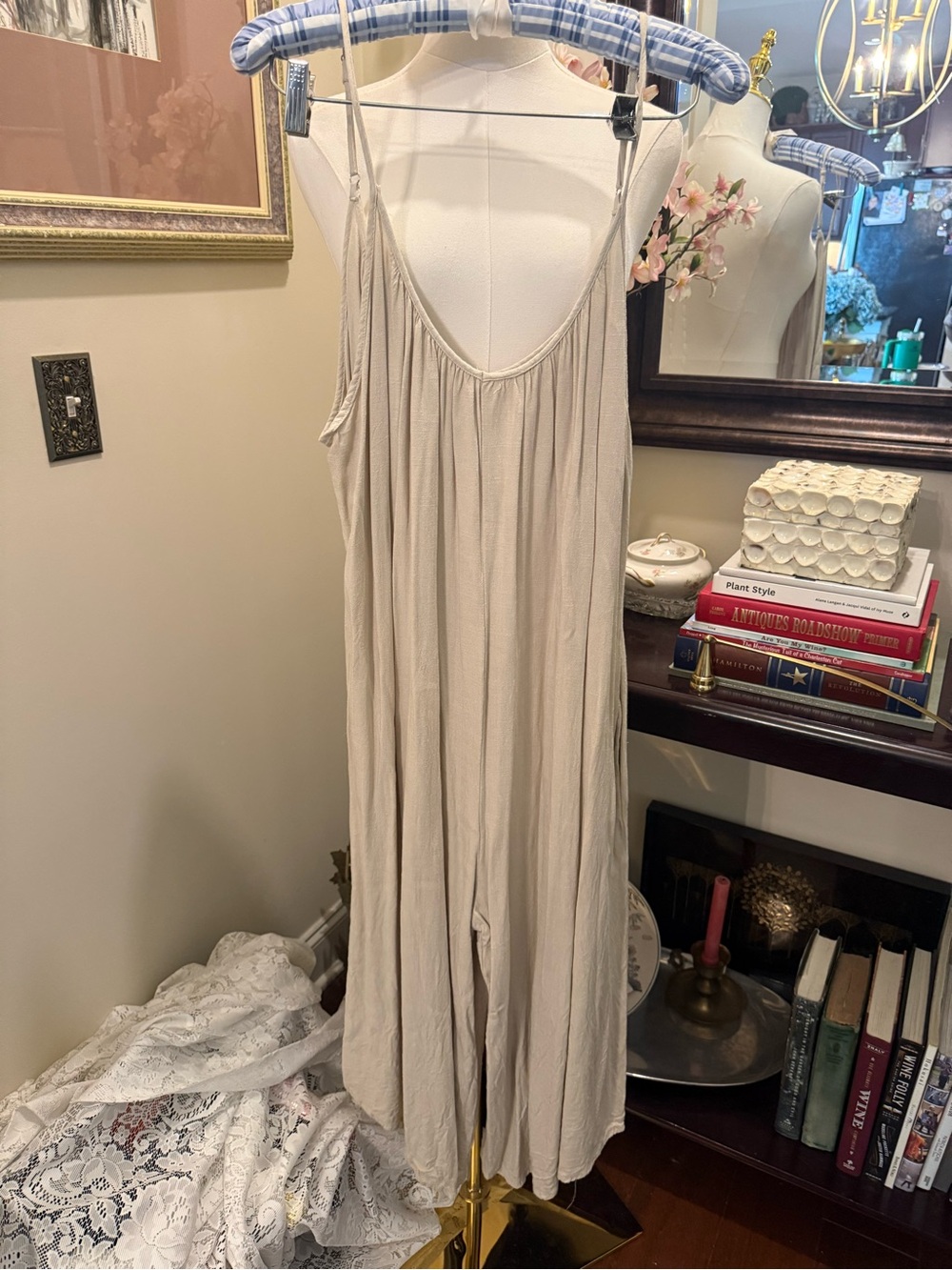 Light Beige Spaghetti-Strap Slip Jumpsuit